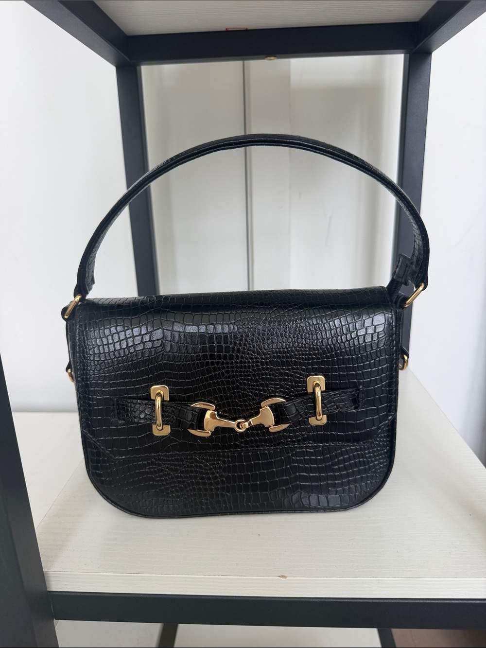Black Croc-Embossed Shoulder Bag with Gold Hardware